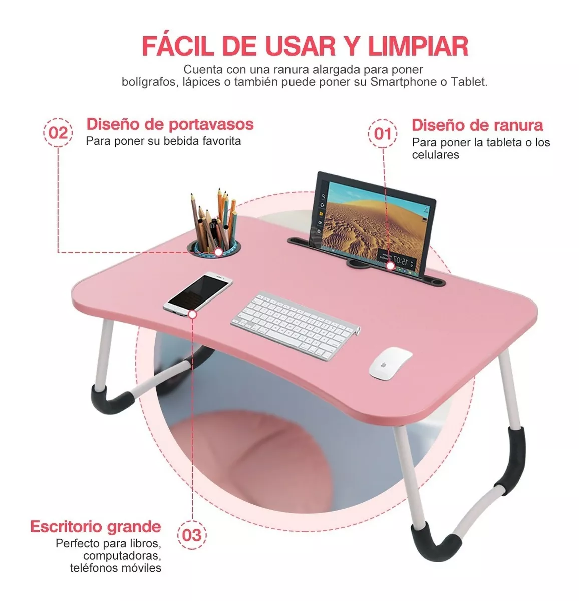 Mesa plegable portátil Rosada para Laptop con Ranura y Posavasos