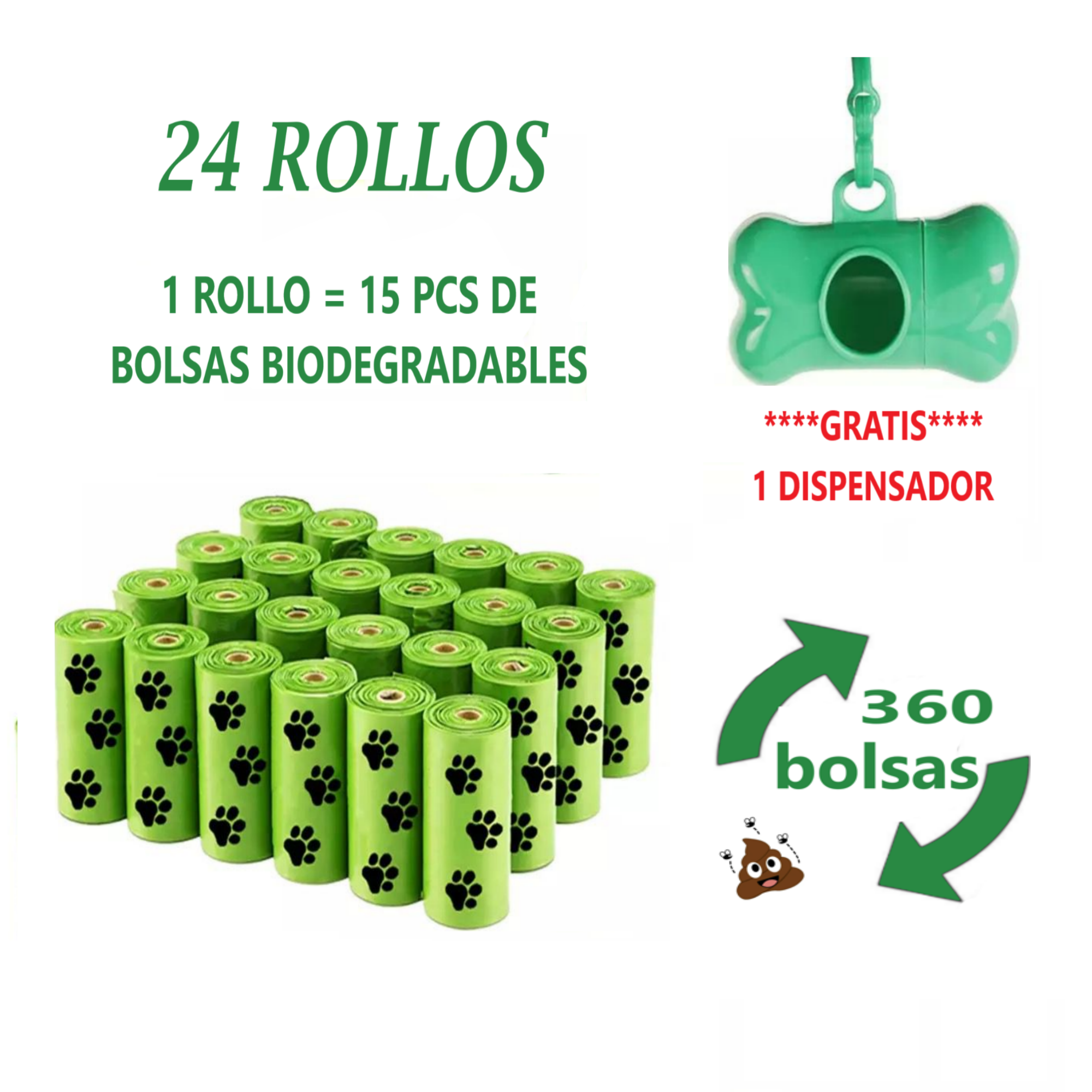 360 Bolsas Biodegradable Con Dispensador Para Popo De Perro