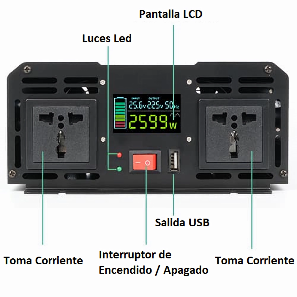 Inversor de Onda Pura 3000 Watts para Paneles Solares con Pantalla Display Sistema de Enfriamiento Inteligente Puertos USB de Carga Rapida Alta Resistencia a la Intemperie y Avanzados Sistemas de Proteccíon / Master / EL-INVP3000W