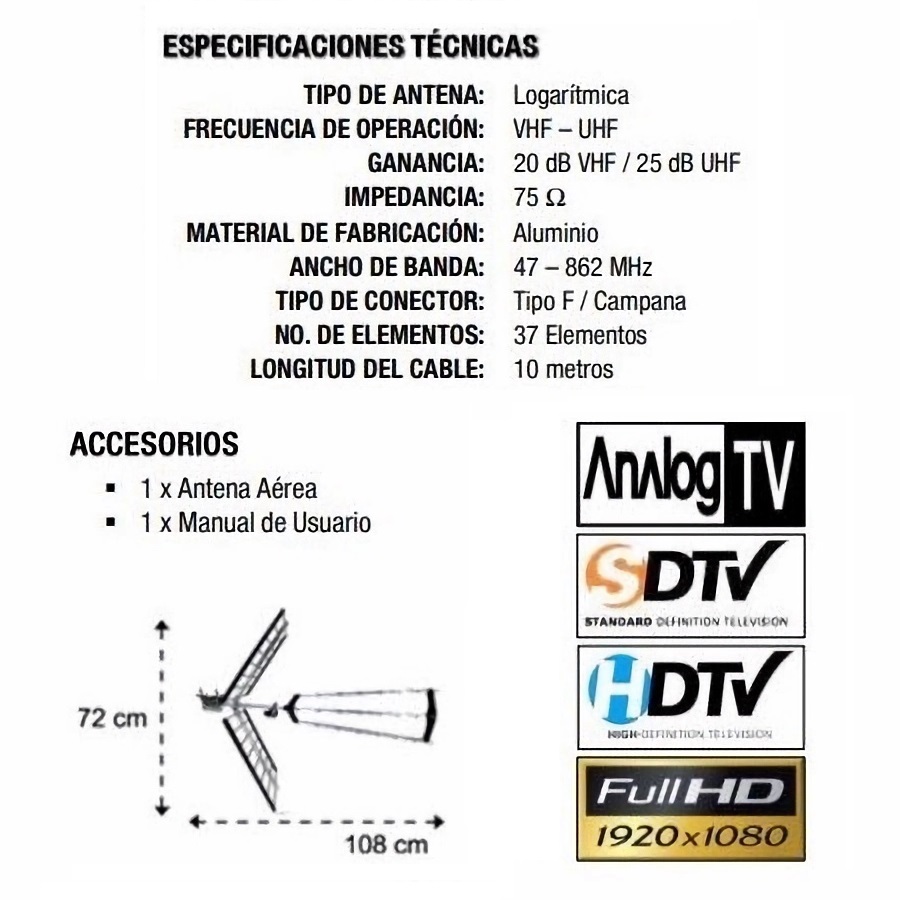 Antena Exterior HD para Zonas de Dificil Recepción con 37 Elementos en Aluminio Resistente Ganancia de 25 dB Ideal para Sintonizar Señal Digital / Master / TVANT-20ELEM