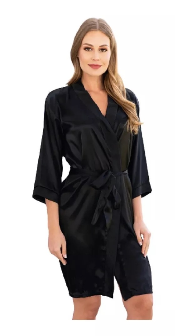 Bata Satín Elegante Dama Ultra Suave Ligera Negra Tesso.