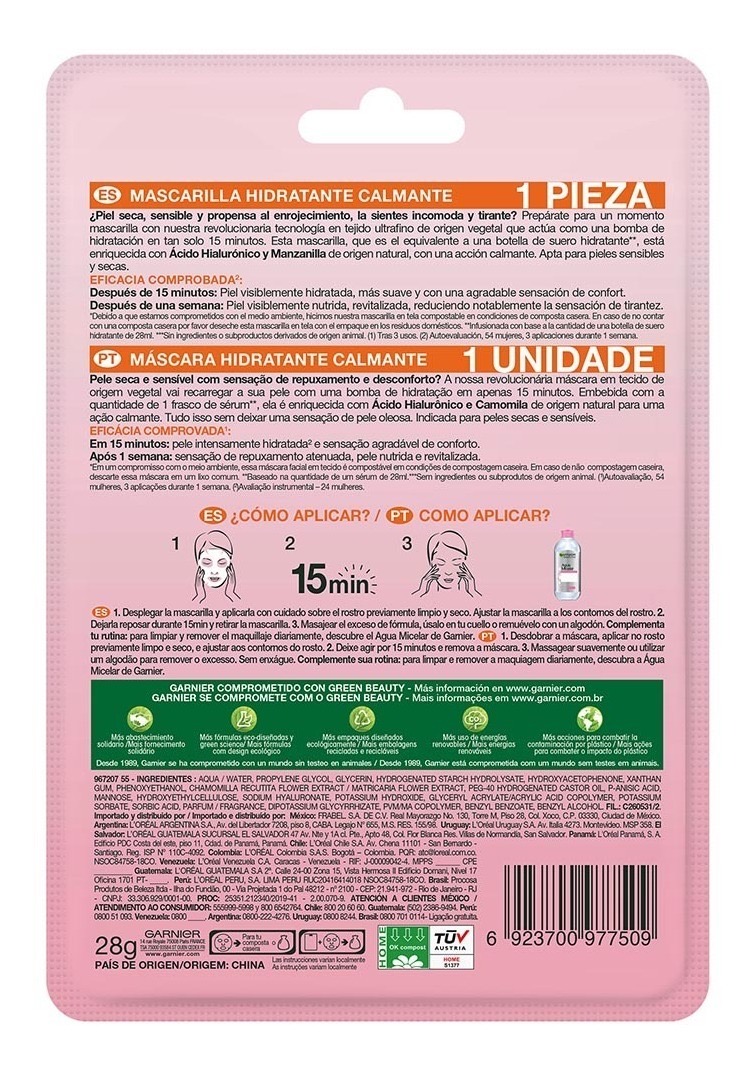 Garnier Mascarilla Facial Manzanilla Con Ácido Hialurónico