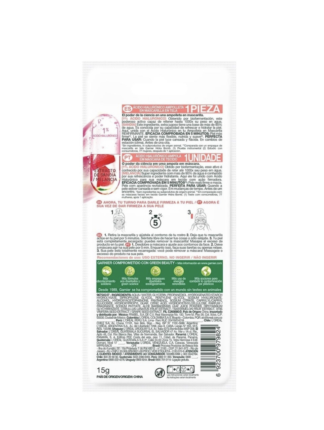 Mascarilla Garnier Skin Active Ácido Hialurónico Sandía 15 G