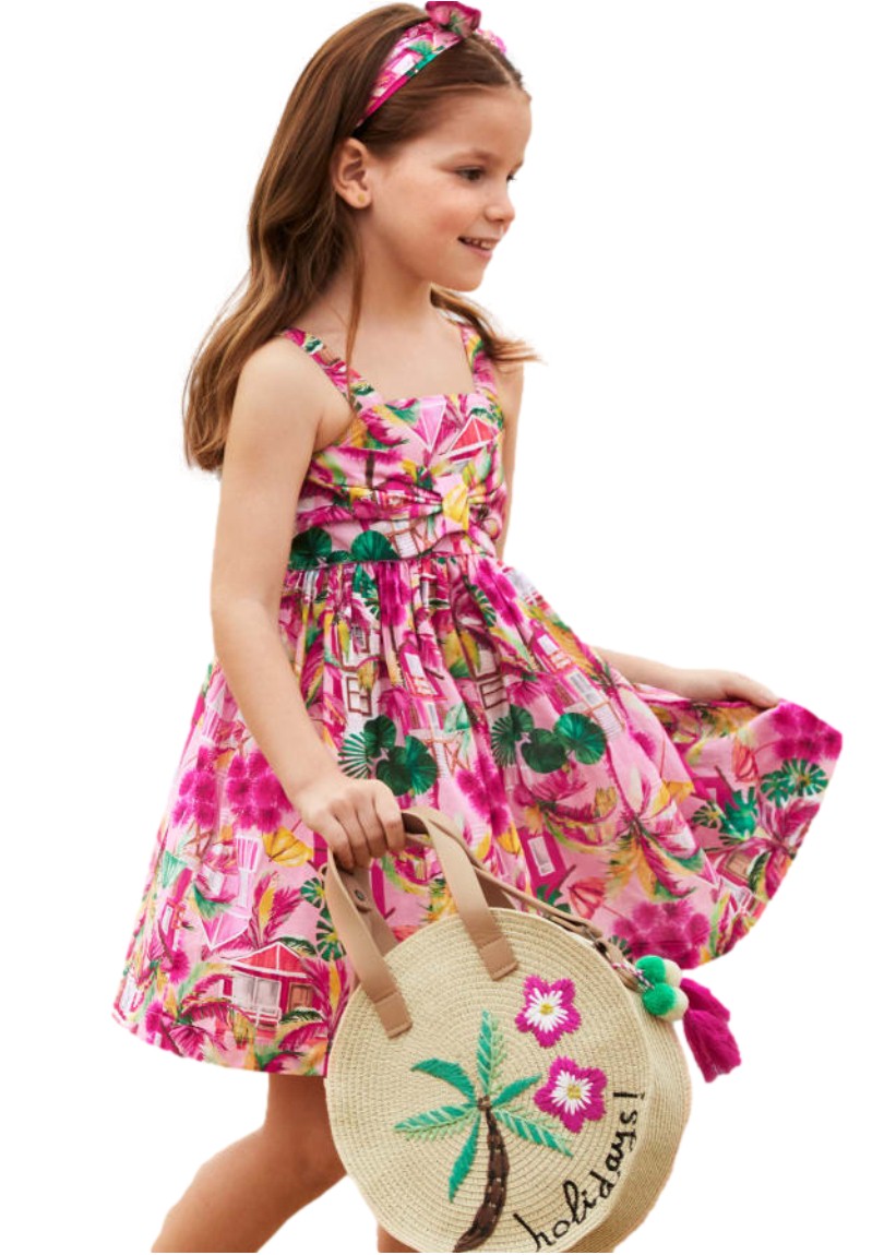 Vestido Estampado Con Diadema De Algodón Para Niña color peonía