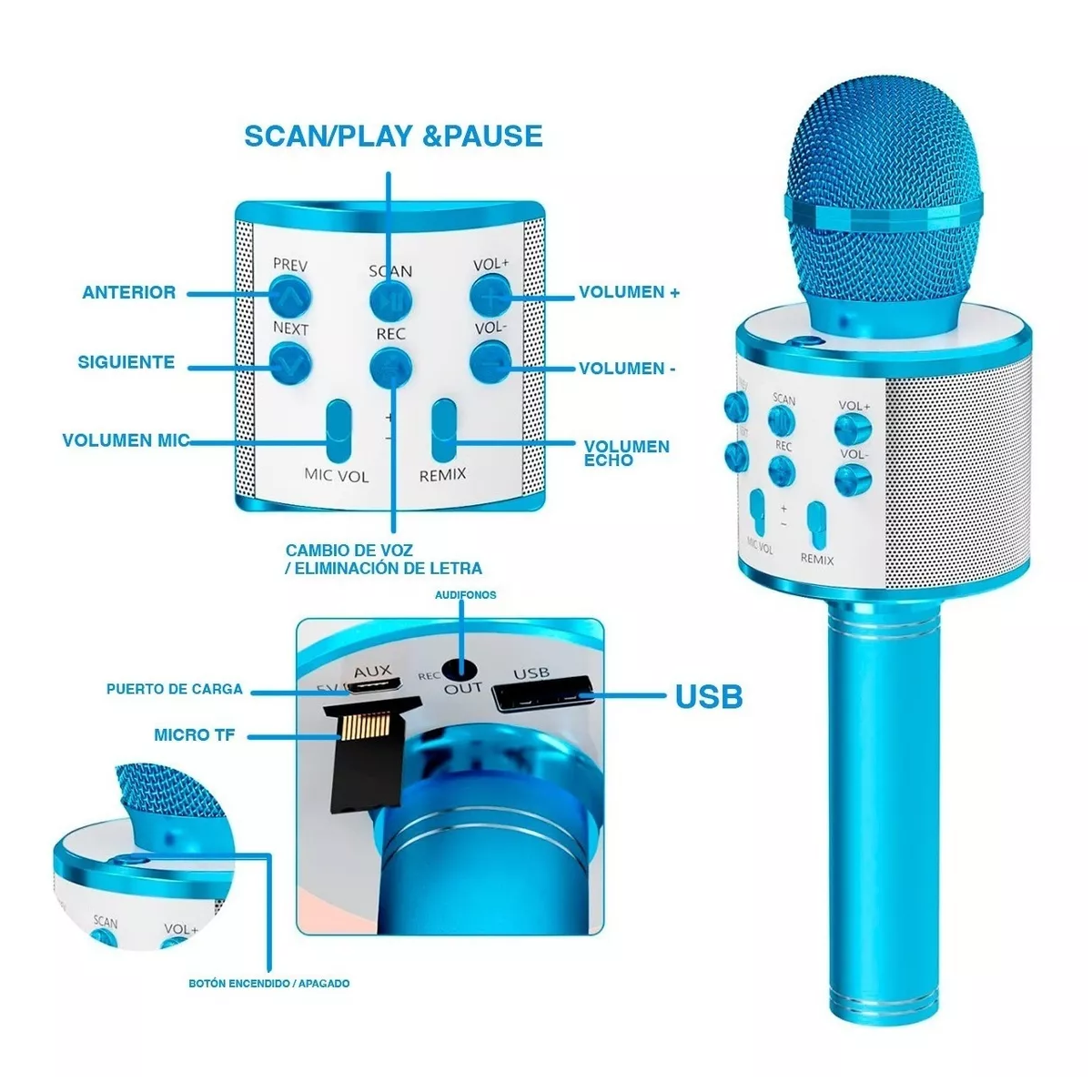 Micrófono De Karaoke Inalámbrico Con Bluetooth Y Bocina Azul