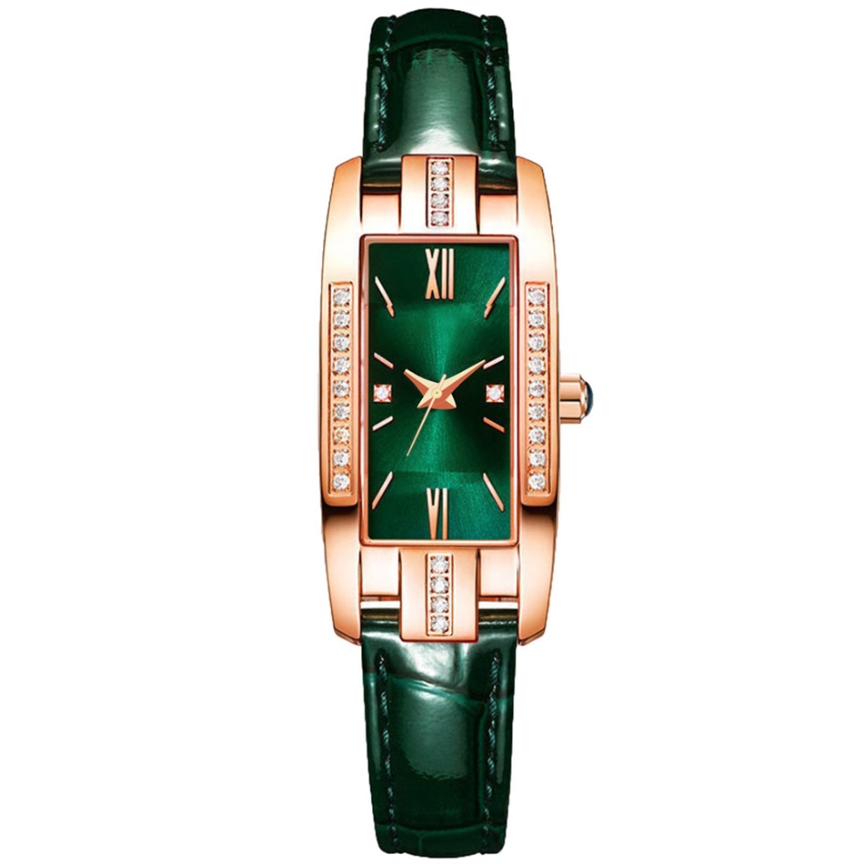 Elegante Reloj de pulso para Dama (Caja color oro, extensible de piel color verde esmeralda)