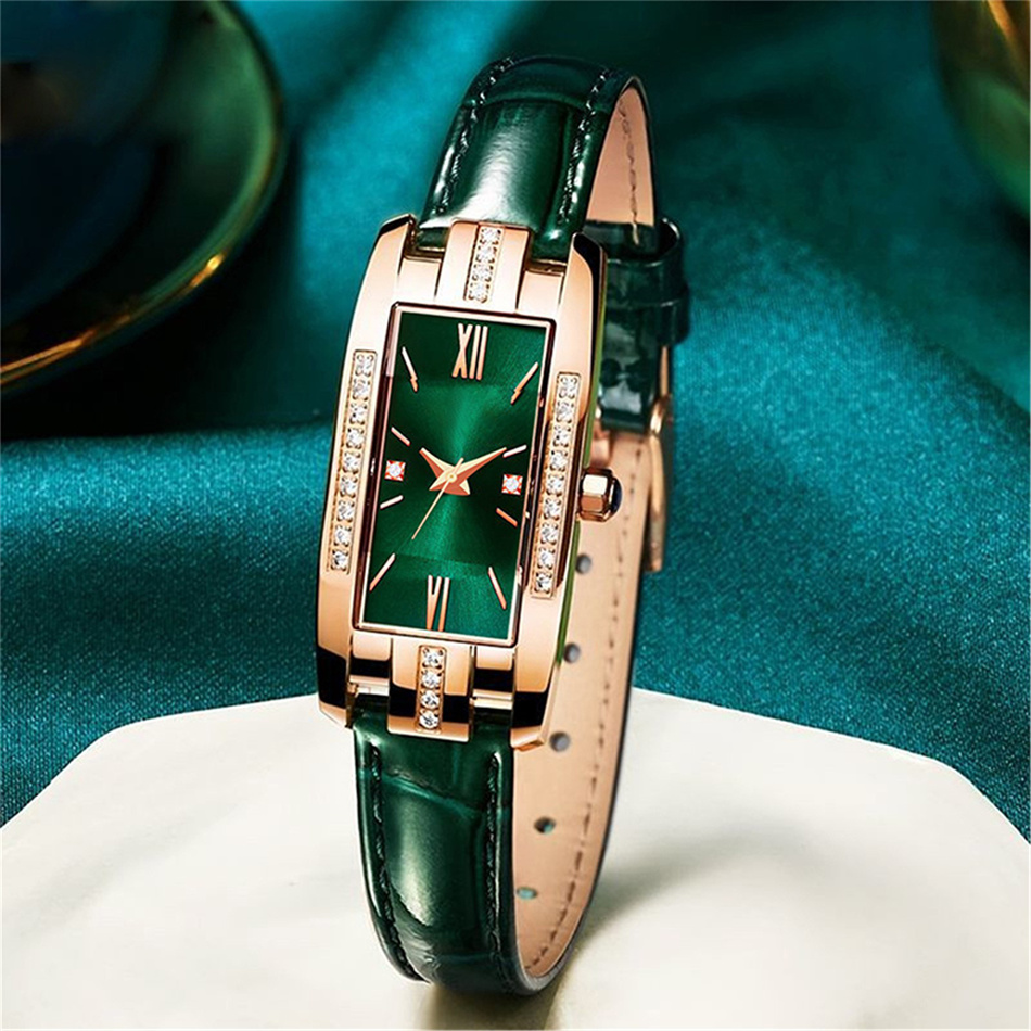 Elegante Reloj de pulso para Dama (Caja color oro, extensible de piel color verde esmeralda)