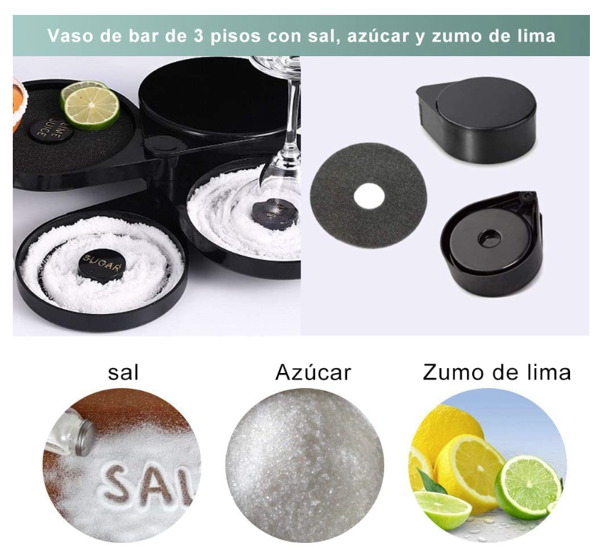 Escarchador de vasos con 3 bandejas giratorias Sal Azúcar Limon.
