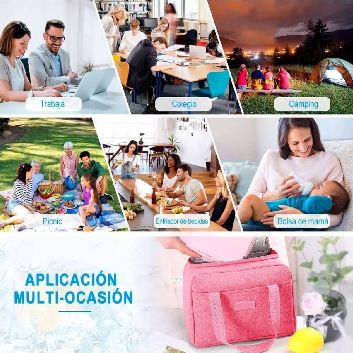 Lonchera Térmica Gran Capacidad Impermeable Rosa