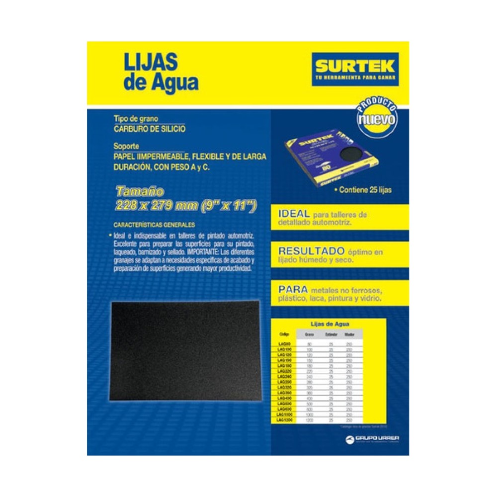Lija Agua Grano 180 9x11pulg Flexible Larga Duración Surtek