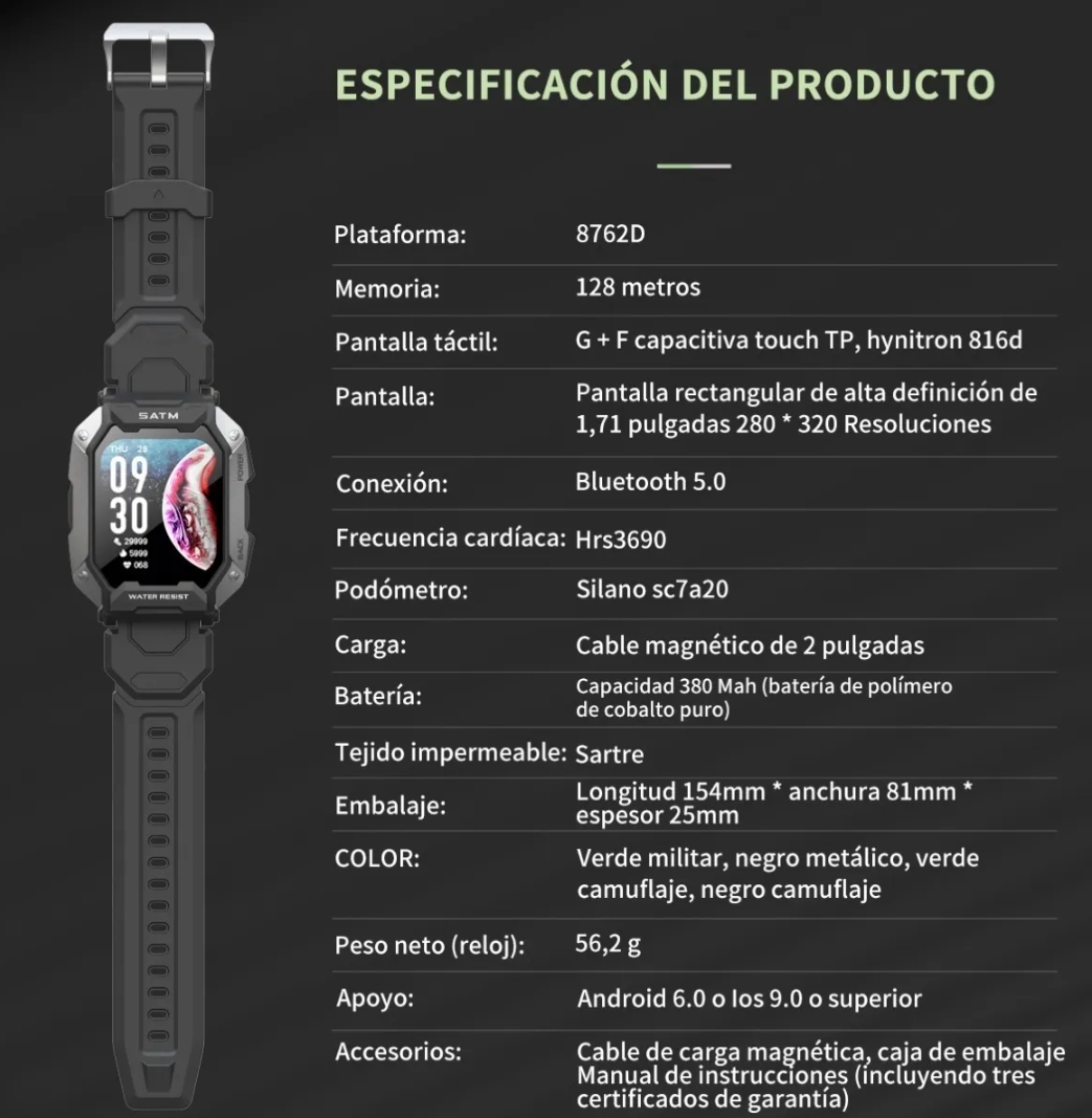 Reloj Inteligente, Reloj Inteligente Deportivo Militar Tácti.