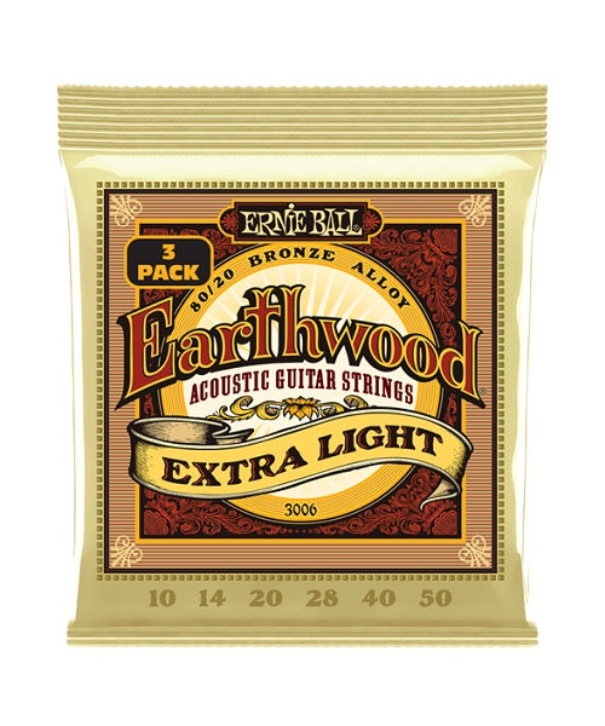 Ernie Ball Encordadura "Earthwood 80/20 Extra Light - 3 Pack" 3006, Guitarra Acústica Bronce