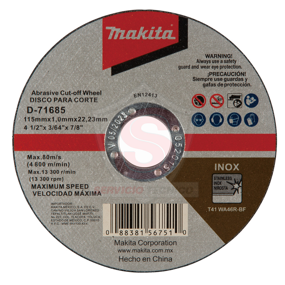 Disco Abrasivo Plano 4-1/2x7/8x1mm Acero Inox D-71685 Makita