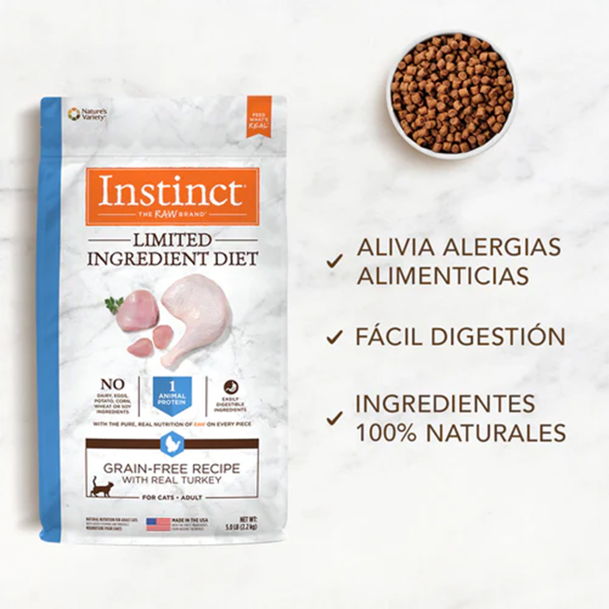 Instinct LID Alimento hipoalergénico para Gatos con Alergias, croquetas recubiertas de Carne Real de Pavo, 5kg