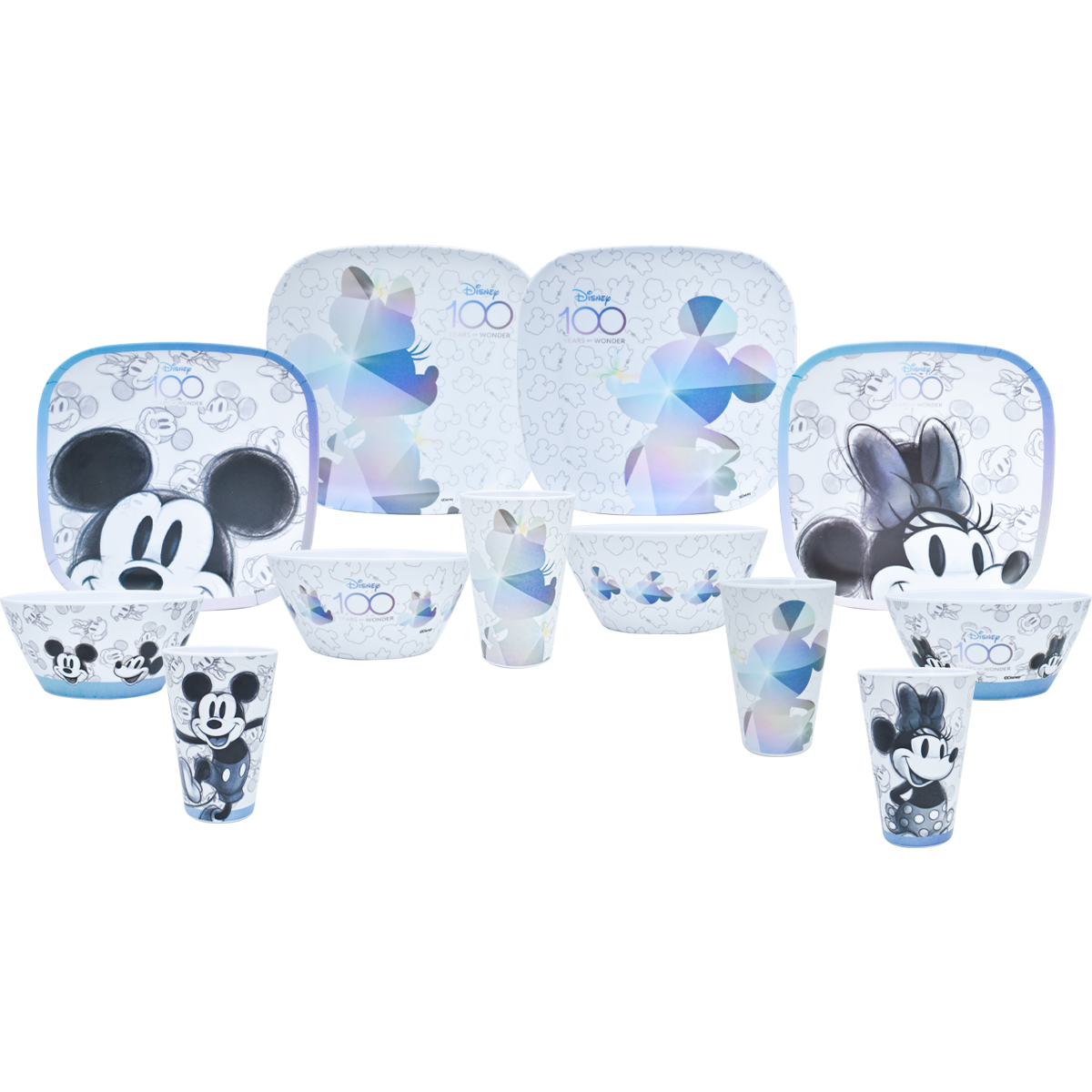 Fun Kids 1725-554 Vajilla Melamina Blanca Disney Mickey & Minnie Mouse 100 Aniversario 12 pzas 4 personas
