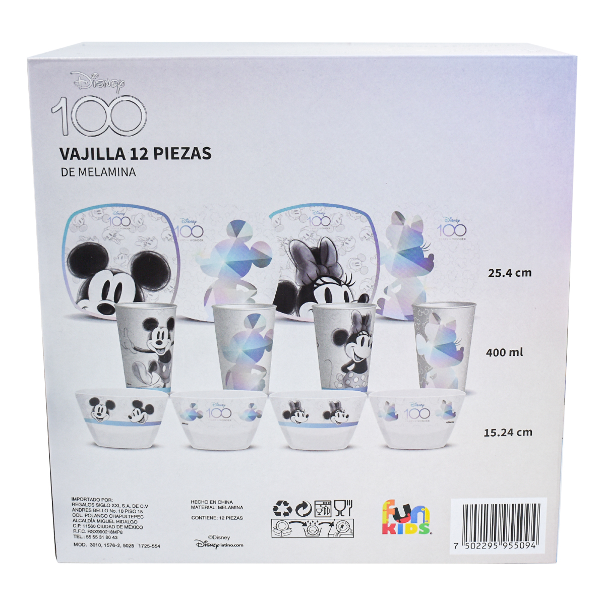 Fun Kids 1725-554 Vajilla Melamina Blanca Disney Mickey & Minnie Mouse 100 Aniversario 12 pzas 4 personas