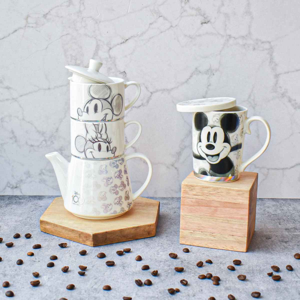 Fun Kids 1754-57 Juego de Té Apilable de Porcelana Disney Mickey & Minnie Mouse 100 Aniversario Tetera 480ml y 2 tazas 200ml