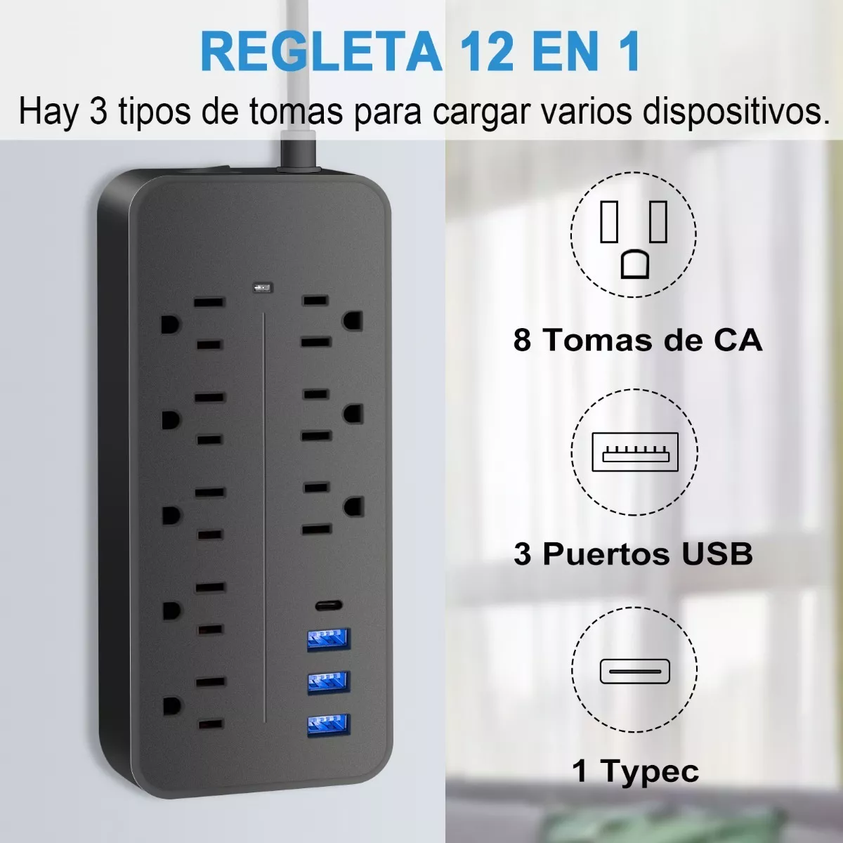 Regleta Cargador Multicontactos Con 8 Salidas 3 Usb 1 Tipo C Negro