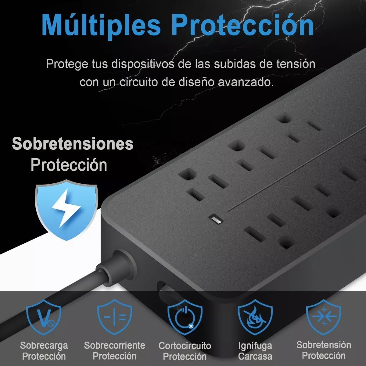 Regleta Cargador Multicontactos Con 8 Salidas 3 Usb 1 Tipo C Negro