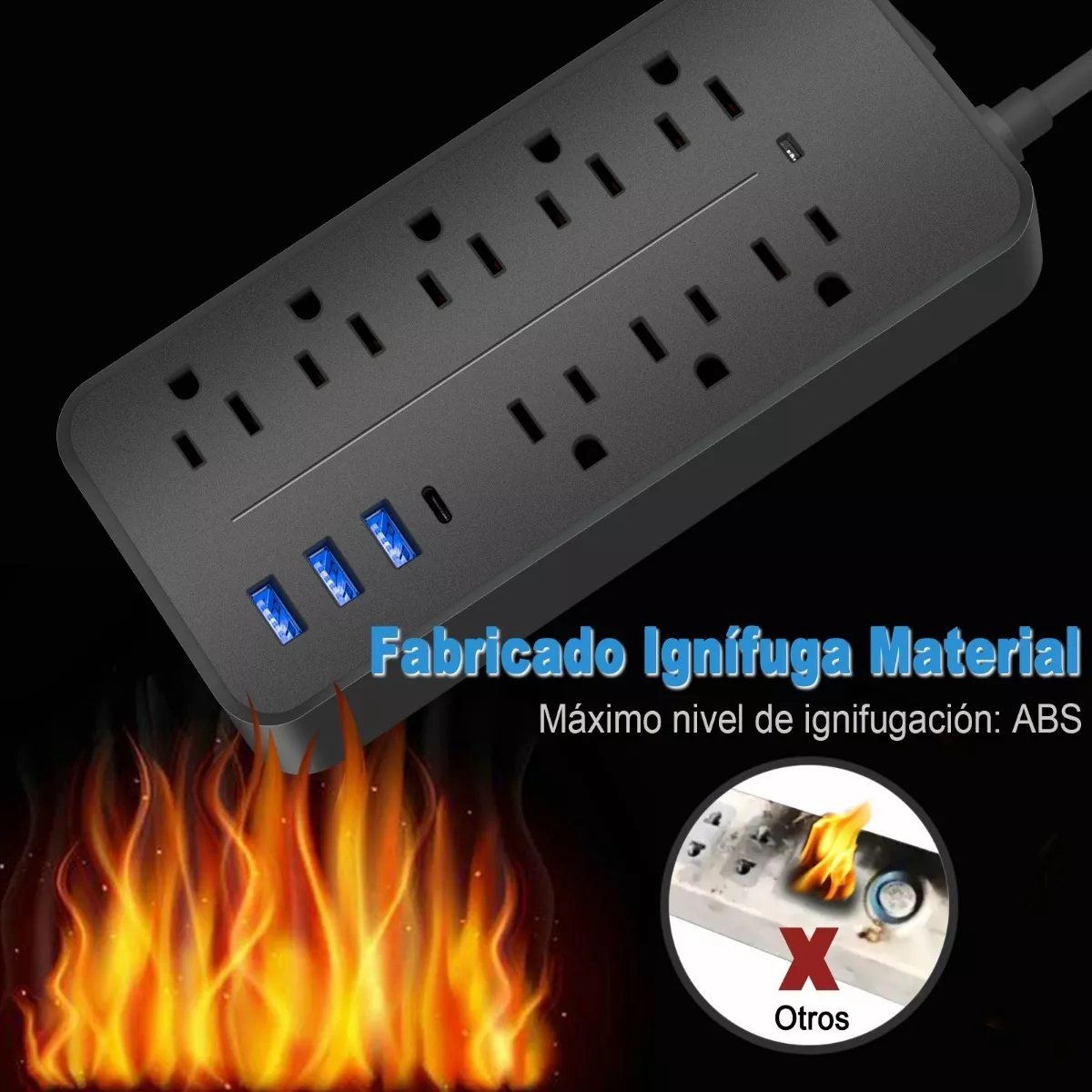 Regleta Cargador Multicontactos Con 8 Salidas 3 Usb 1 Tipo C Negro