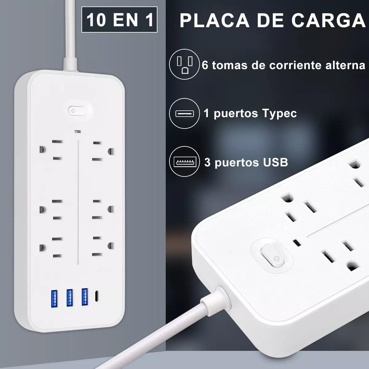 Regleta Cargador Multicontactos Con 6 Salidas 3 Usb 1 Tipo C Blanco