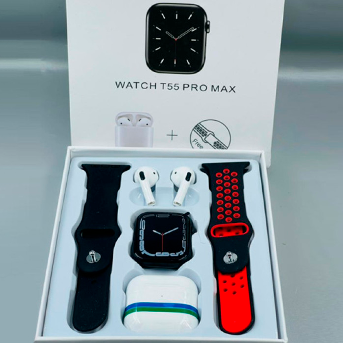 Reloj Inteligente T55 Pro Max Con Correa Adicional Mas Audífonos Inalámbricos in ears Smart watch	.