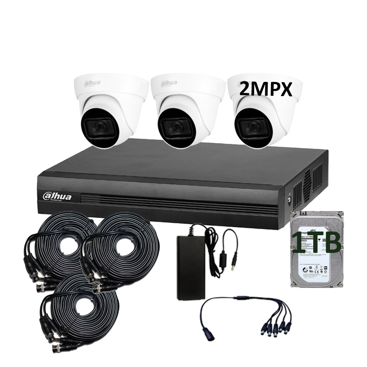 Kit CCTV 3 camaras de seguridad vigilancia dahua domo 2mpx Microfono Integrado full HD 1tb disco