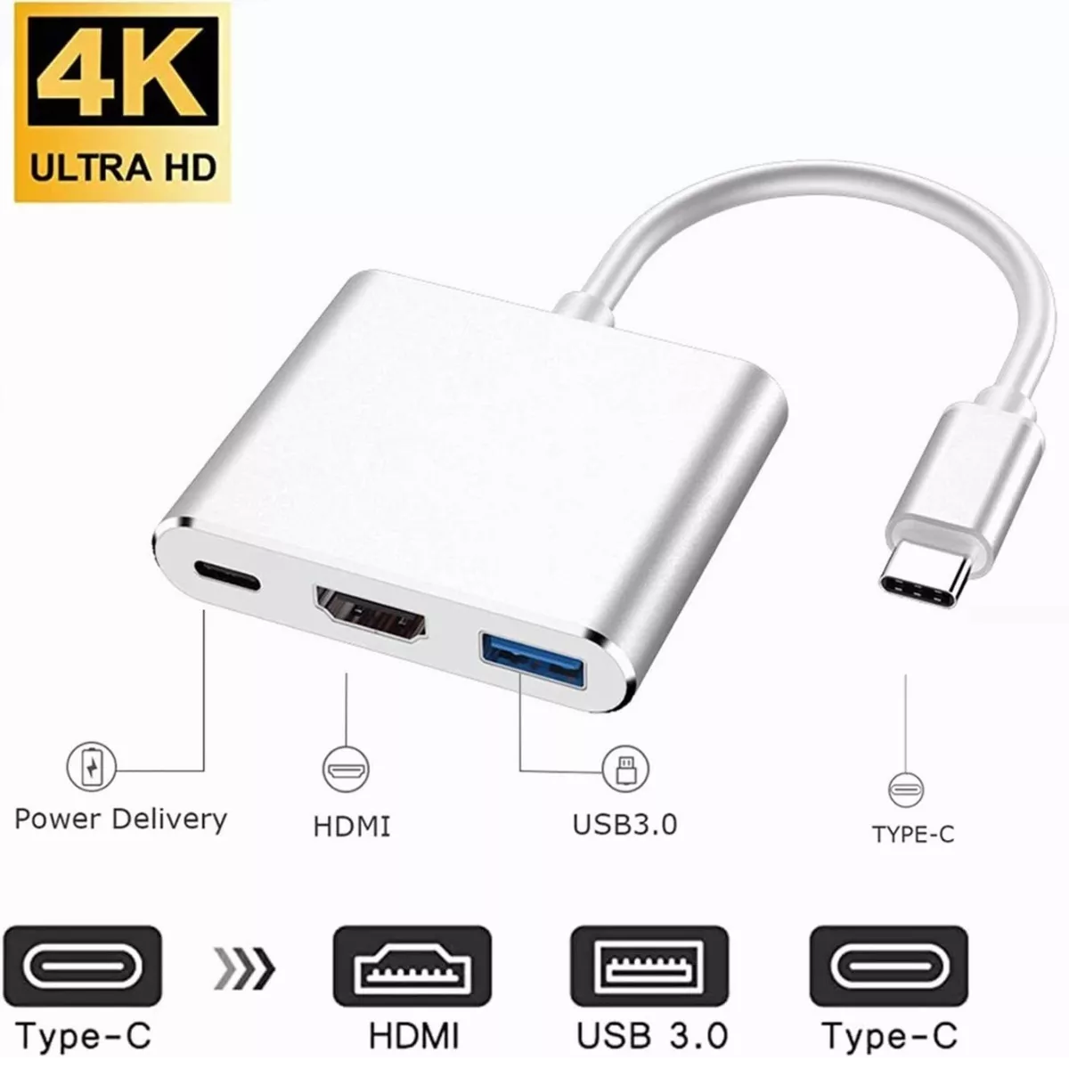 Adaptador Tipo C A Hdmi 4k Hub Convertidor Hub Usb3.0 3 En 1