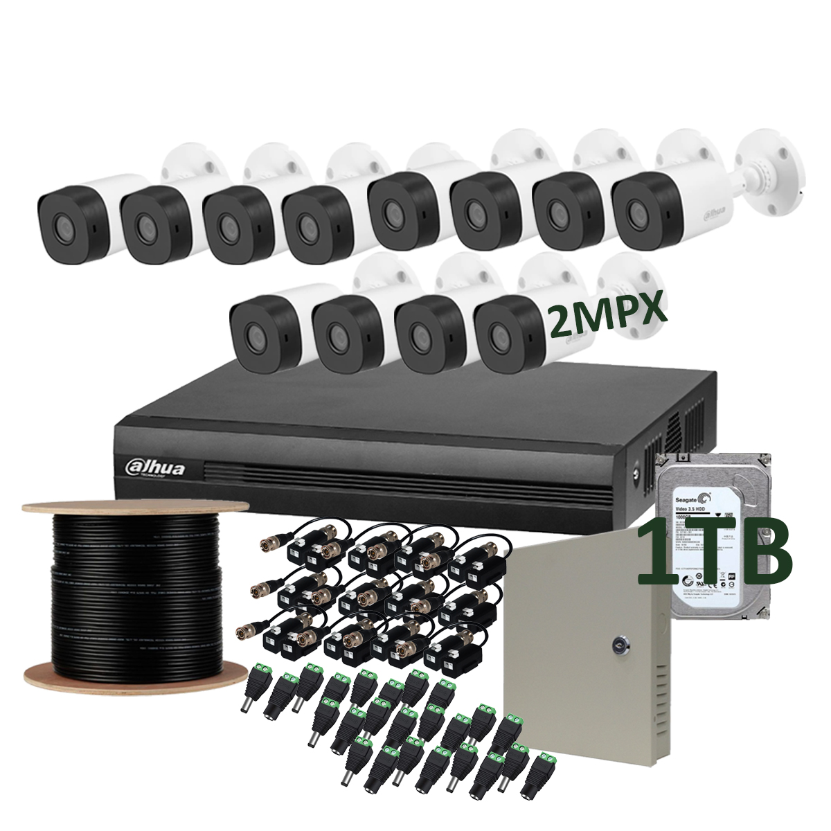 Kit cctv 12 Camaras de seguridad Dahua 2mpx 1080p Bullet 1tb Fuente centralizada