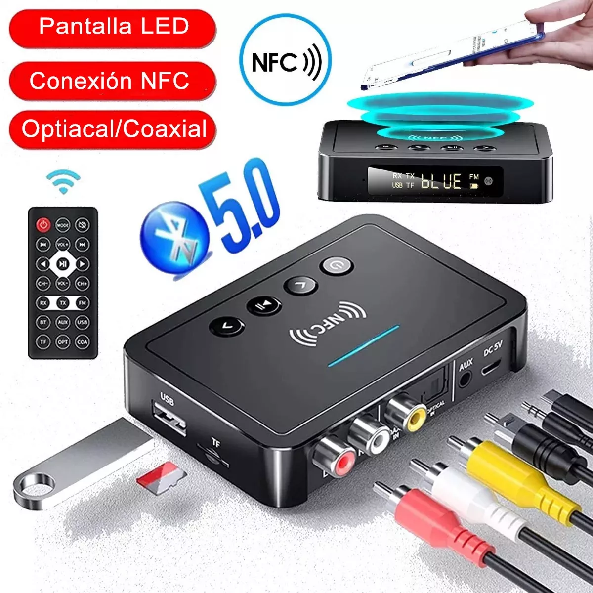 M8 NFC Bluetooth 5,0 Transmisor Receptor 3,5mm RCA Coaxial Óptico TF/U  Disco Play/IR Control LED Adaptador De Audio Inalámbrico Para TV PC De  10,68 €