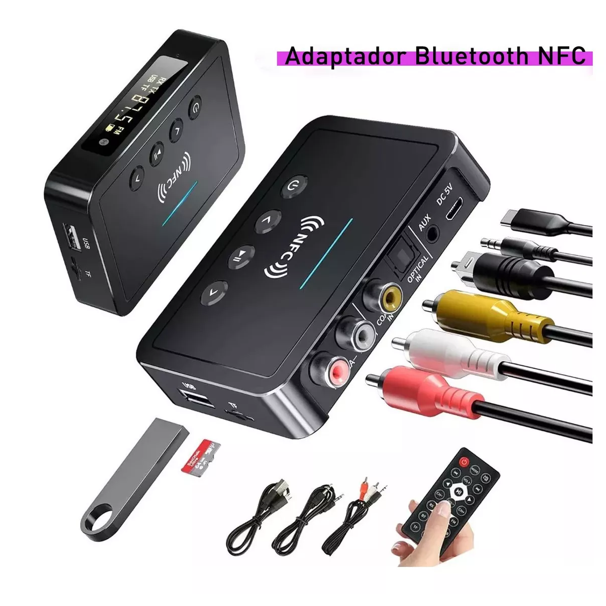 Adaptador receptor transmisor Bluetooth 5.0 Audio 3 en 1 Adaptador de audio  Bluetooth 0.138 in AUX RCA óptico USB HiFi música estéreo, FCC Pass
