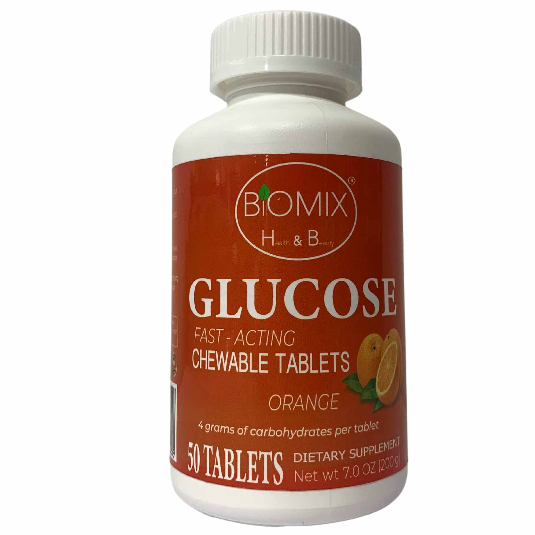 Glucosa De Acción Rápida Masticables Frasco Con 50 Tabletas Sin Gluten, Veganas, Sin Cafeína, Sin Grasa (Naranja)