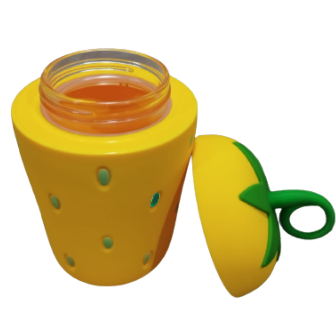 Excelente!! vaso de vidrio hermetico en forma de fresa color amarillo