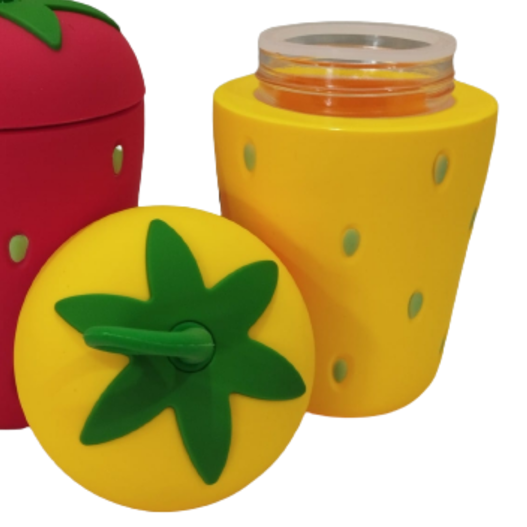 Excelente!! vaso de vidrio hermetico en forma de fresa color amarillo
