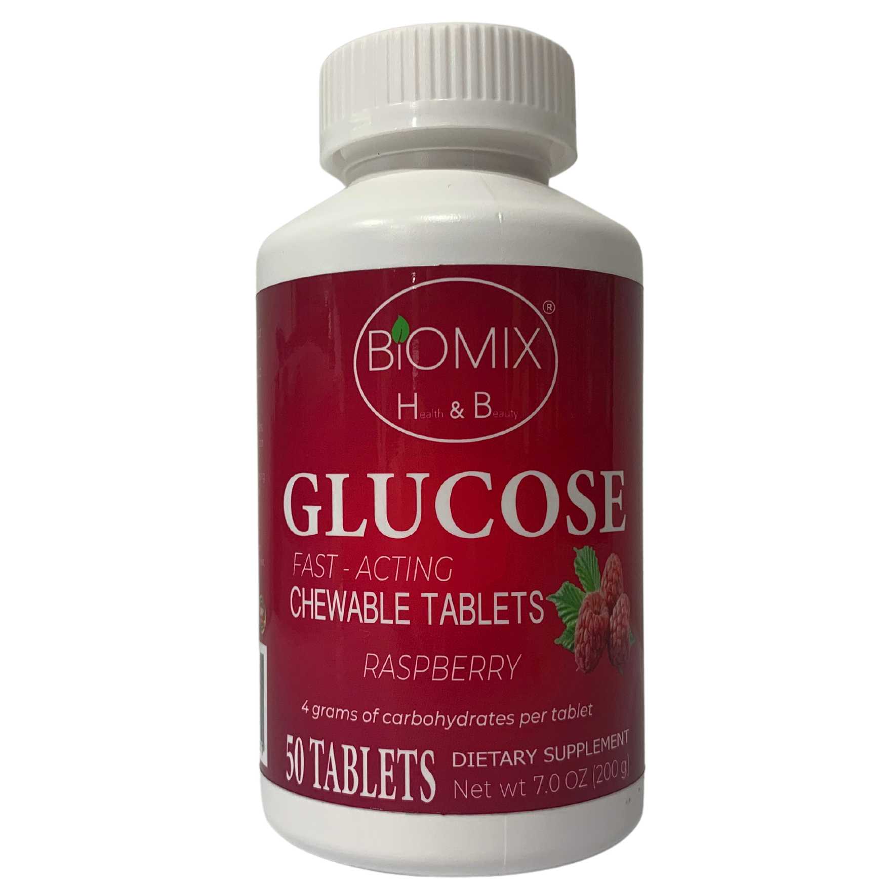 Glucosa De Acción Rápida Masticables Frasco Con 50 Tabletas Sin Gluten, Veganas, Sin Cafeína, Sin Grasa (Frambuesa)