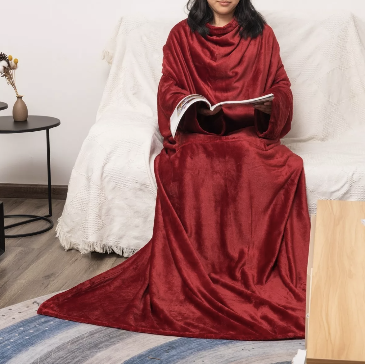 Manta Súper Suave De Franela Cobija Con Mangas Y Bolsillos FUNBU Roja