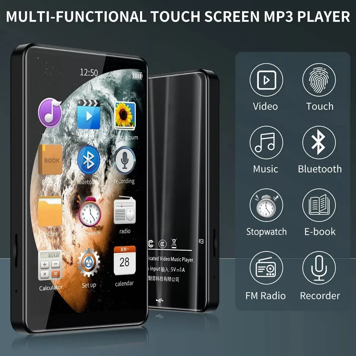 Reproductor Mp3 Bluetooth, Pantalla Táctil Completa 4'' Mp4