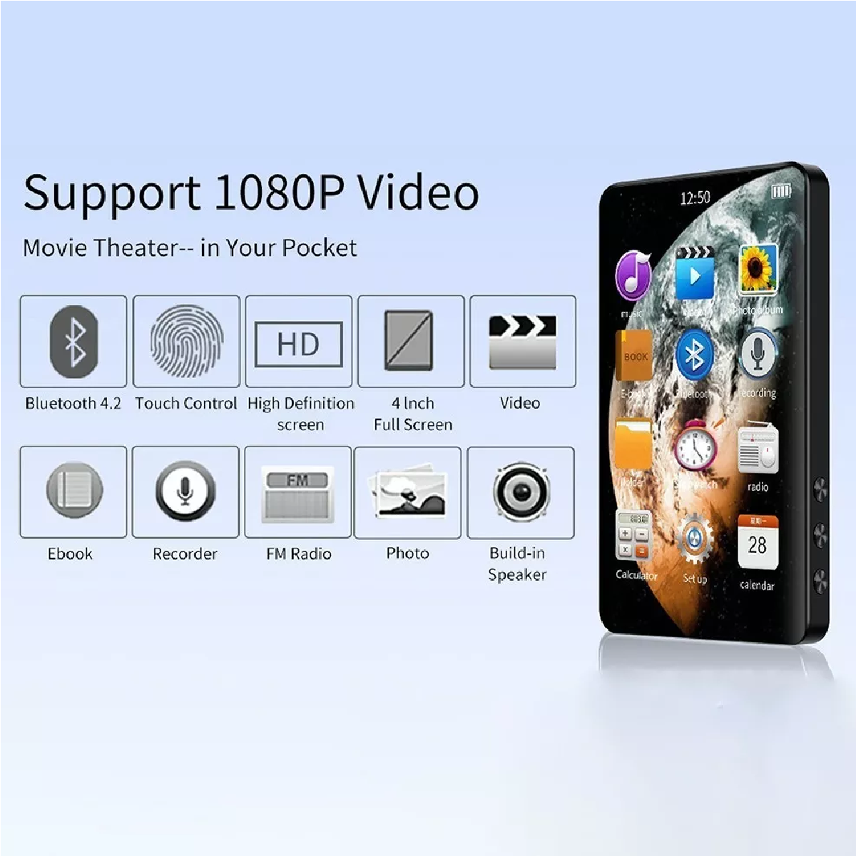 Reproductor Mp3 Bluetooth, Pantalla Táctil Completa 4'' Mp4