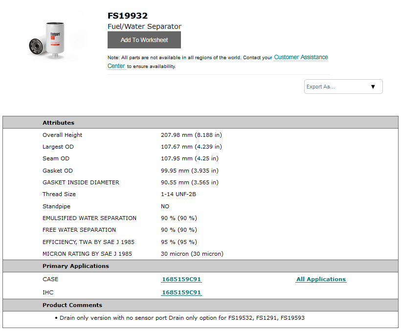 Fs19932 Filtro Separador Diesel Fs 19932 P502594 Bf1346