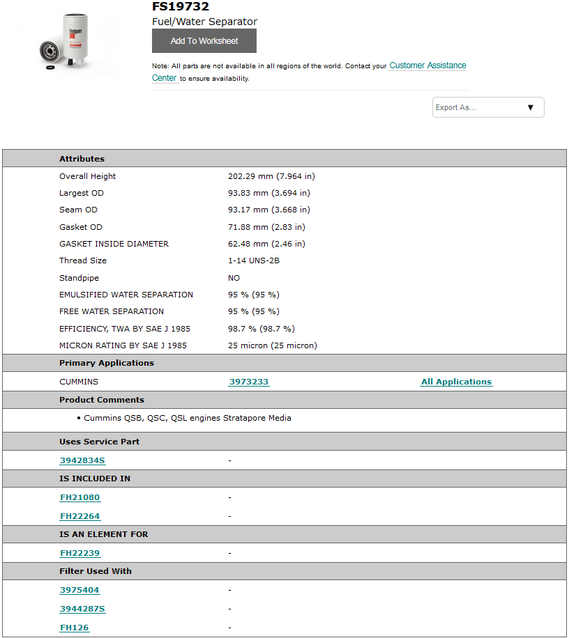 Fs19732 Filtro Separador Diesel Fs 19732 P550848 33732