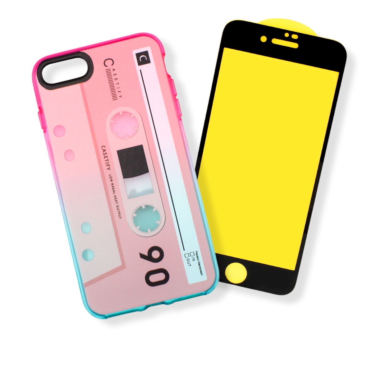 KIT Funda + Mica 9D para iPhone 7 | iPhone 8 | iPhone SE 2020 Diseño Cassette Casete Rosa Azul
