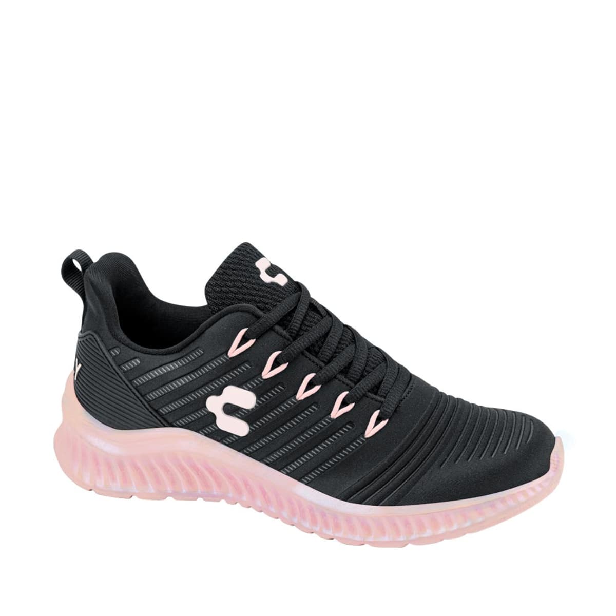 Tenis deportivo de mujer para correr marca Charly, color negro con rosa, mod. 1055608