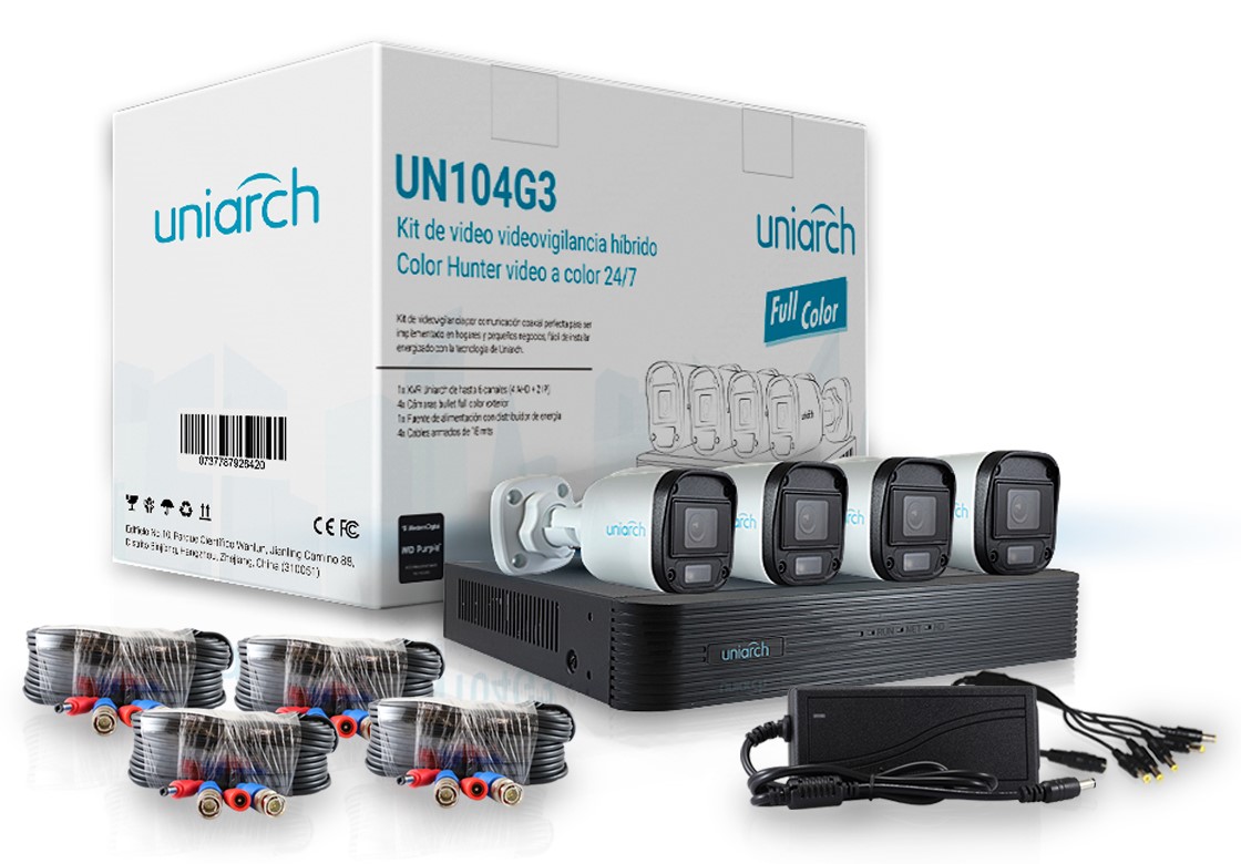 Kit Uniarch 4X4 calidad 1080P 2MP análogo bullet exterior UN104G3 tecnologia Colorhunter video a color 24/7