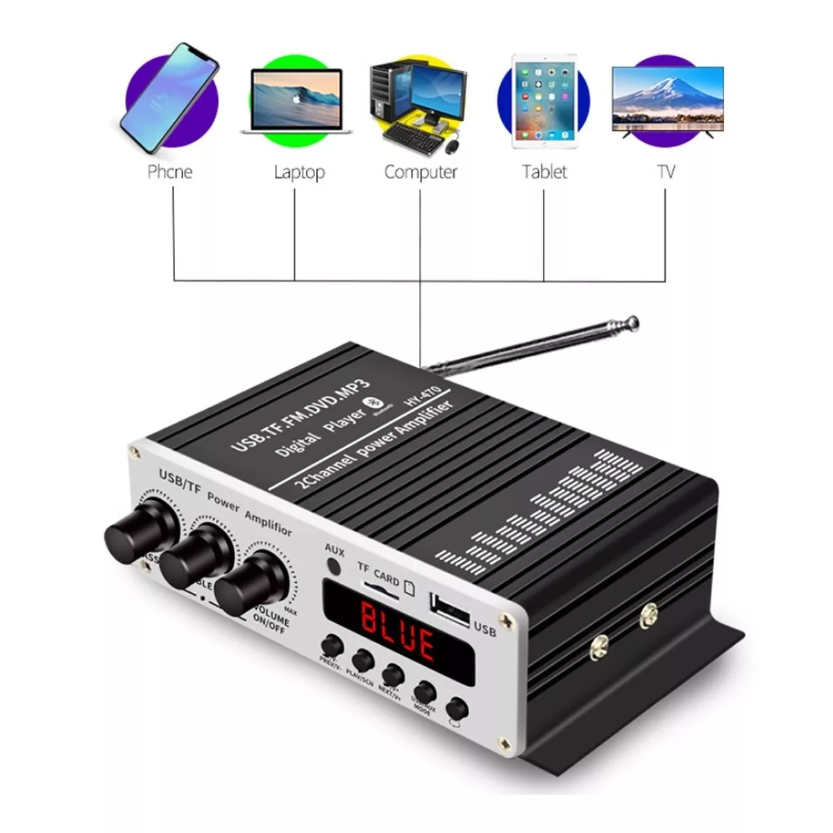 Amplificador Auto Moto Casa 12v Fm Usb Tf Bluetooth Aux Mp3