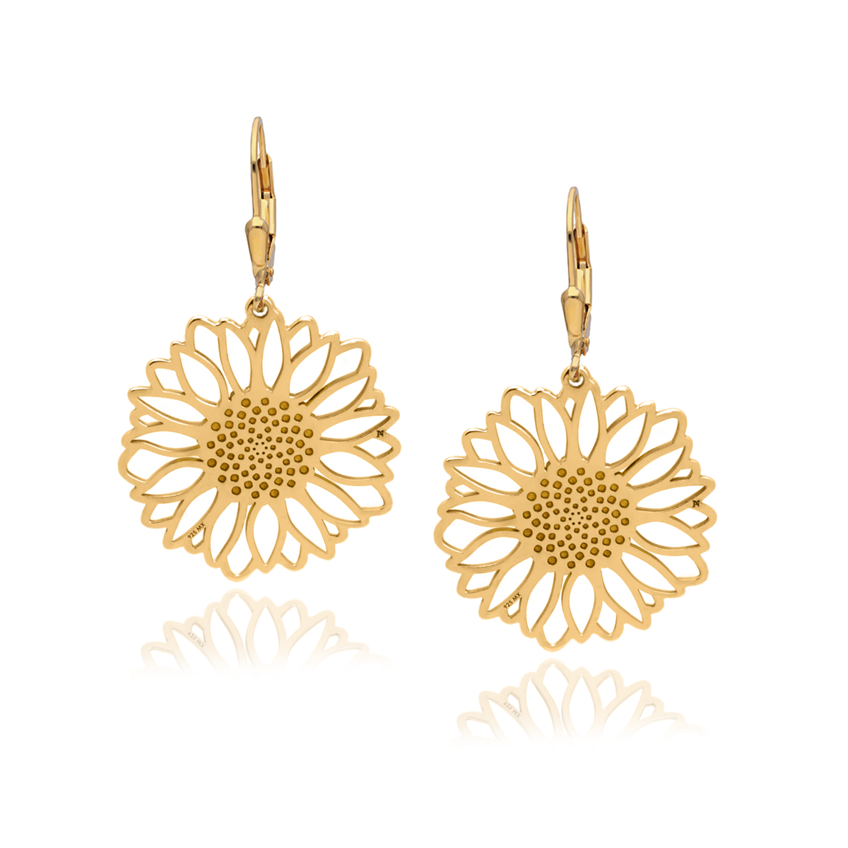 Aretes colgantes Girasol de plata .925 con baño de oro, Joyería de plata de Anante Joyería