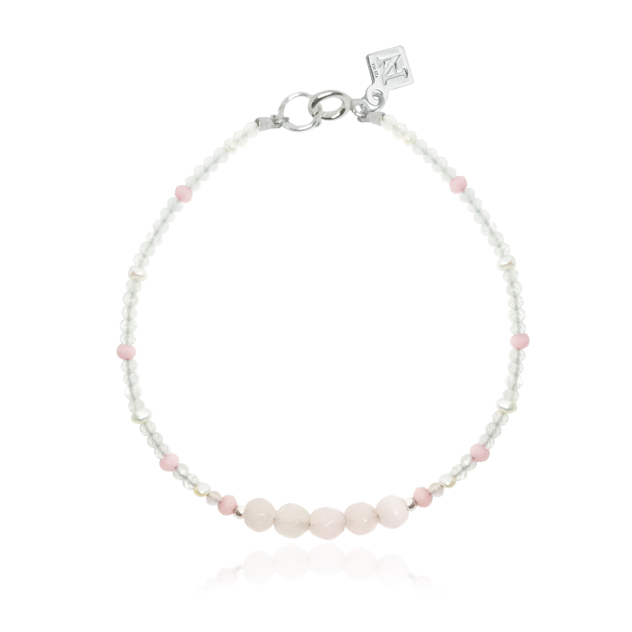 Pulsera de cuarzo rosa natural, calcedonia, perla blanca y broche de plata .925, Joyería para Mujer de Anante Joyería