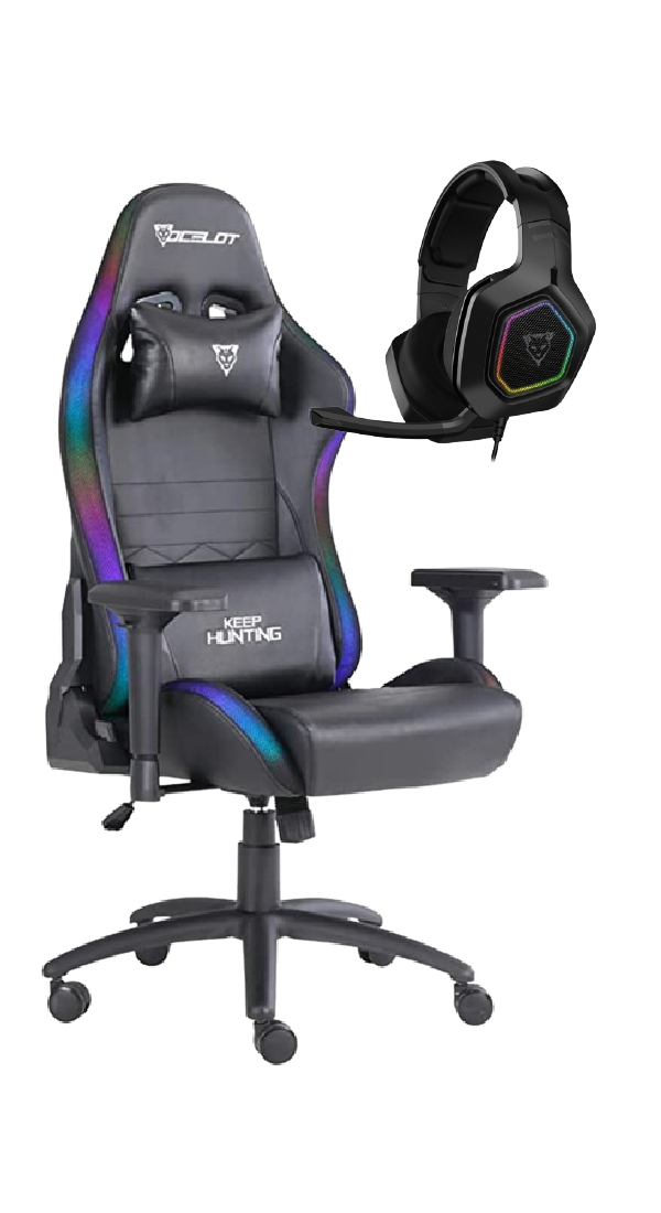 Silla Gamer Ocelot Negro con Iluminación RGB + Diadema gamer RGB