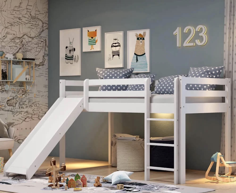Cama con Resbaladilla Infantil de madera mod. Blanco 