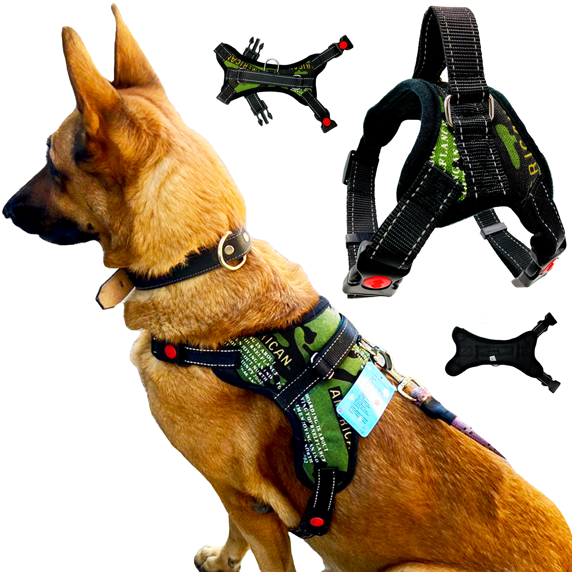 Arnés para Perro pechera de seguridad reflejante Ajustable Verde Militar.