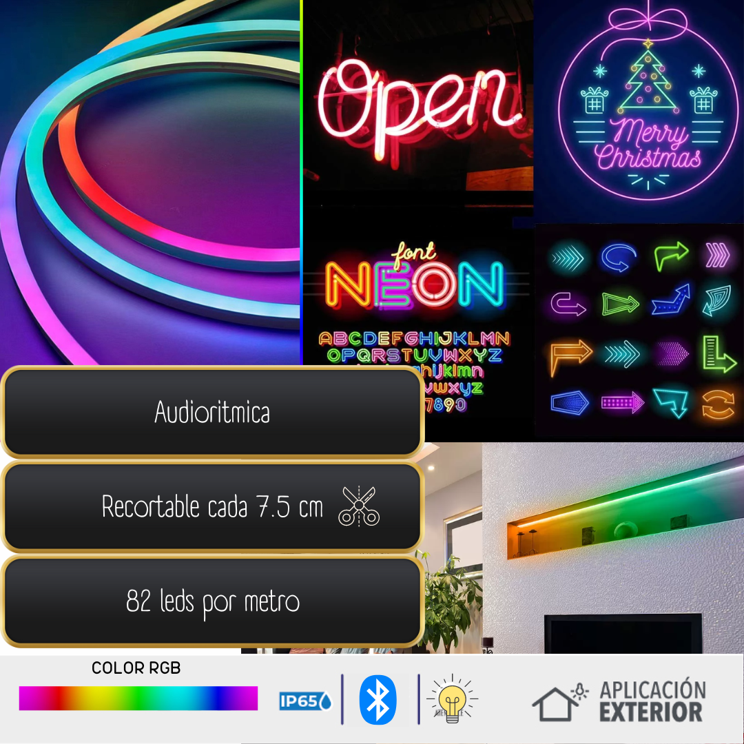 Pack de 5 tiras Leds Multicolor Neón Audio rítmica Con Control + App 5mts RGB DOSYU